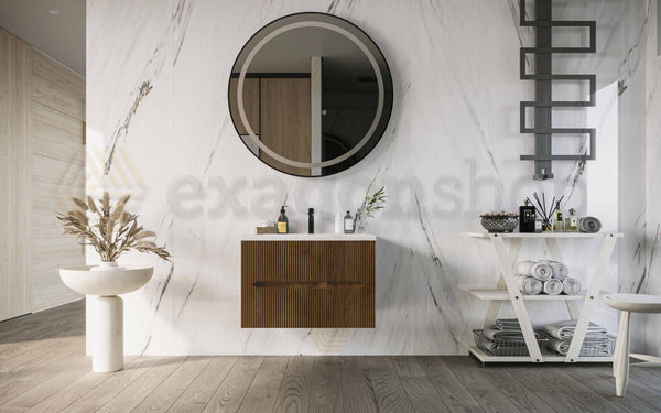 Mobile bagno noce chiaro 60x46 cannettato Urbino due cassetti con lavabo in ceramica