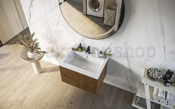 Mobile bagno noce chiaro 60x46 cannettato Urbino due cassetti con lavabo in ceramica