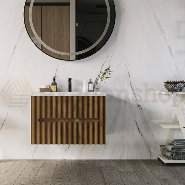 Mobile bagno noce chiaro 60x46 cannettato Urbino due cassetti con lavabo in ceramica