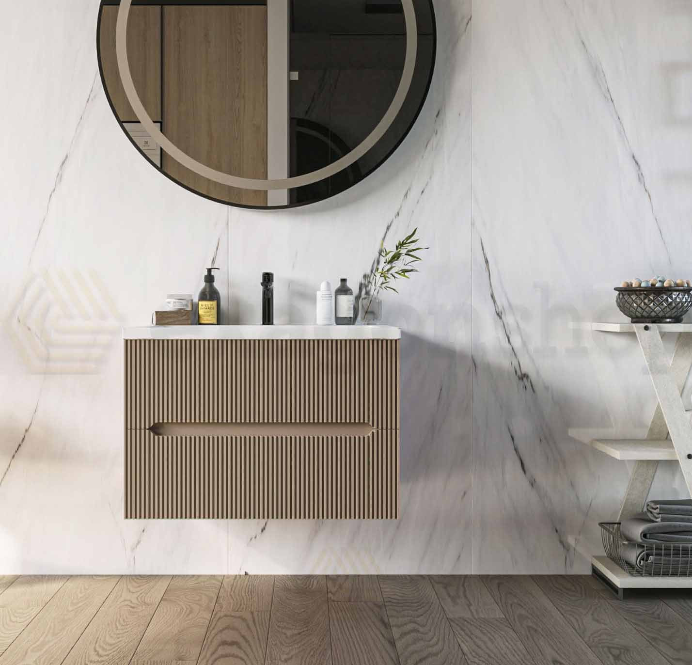 Mobile bagno tortora opaco 60x46 cannettato Urbino due cassetti con lavabo in ceramica