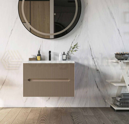 Mobile bagno tortora opaco 60x46 cannettato Urbino due cassetti con lavabo in ceramica