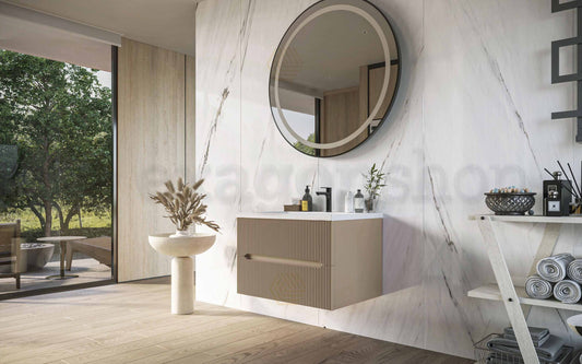 Mobile bagno tortora opaco 70x46 cannettato Urbino due cassetti con lavabo in ceramica