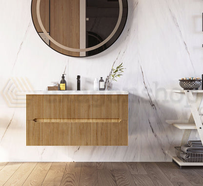 Mobile bagno rovere 90x46 cannettato Urbino due cassetti con lavabo in ceramica