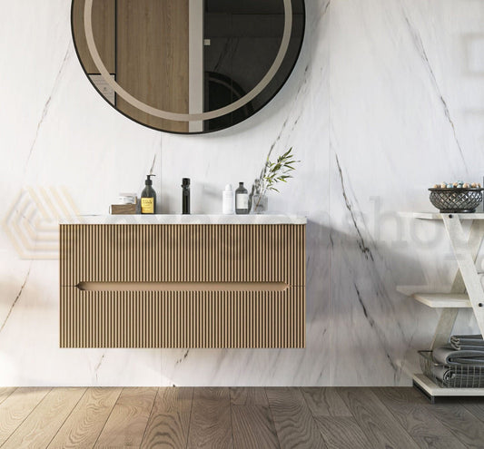 Mobile bagno tortora opaco 90x46 cannettato Urbino due cassetti con lavabo in ceramica