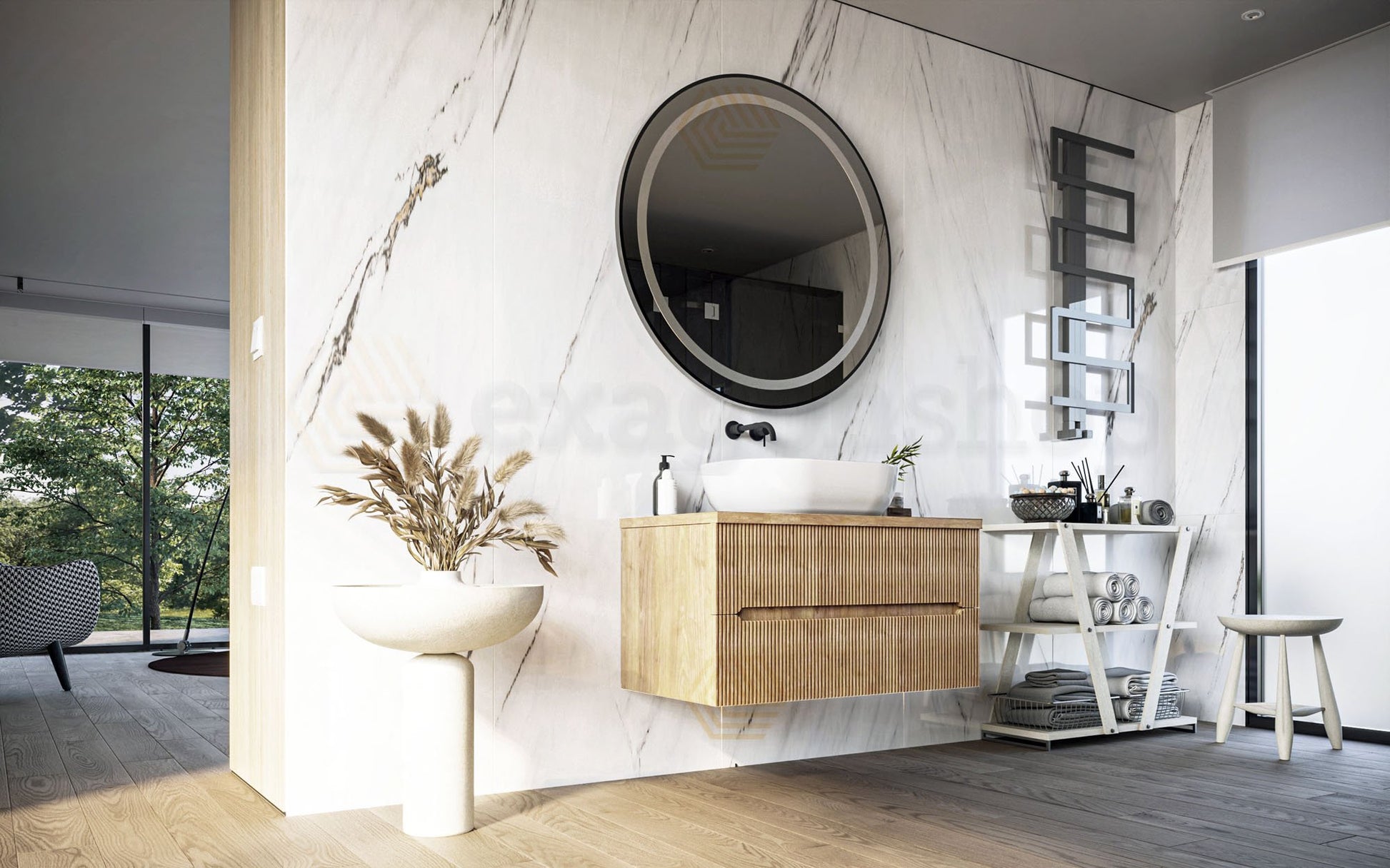 Mobile bagno teak 90x46 cannettato Urbino due cassetti con ambientato in bagno moderno con specchio e accessori - Exagonshop