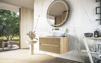 Mobile bagno teak 90x46 cannettato Urbino due cassetti con, vista dall'alto del piano con lavabo - Exagonshop