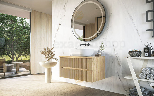 Mobile bagno teak 90x46 cannettato Urbino due cassetti con, vista dall'alto del piano con lavabo - Exagonshop