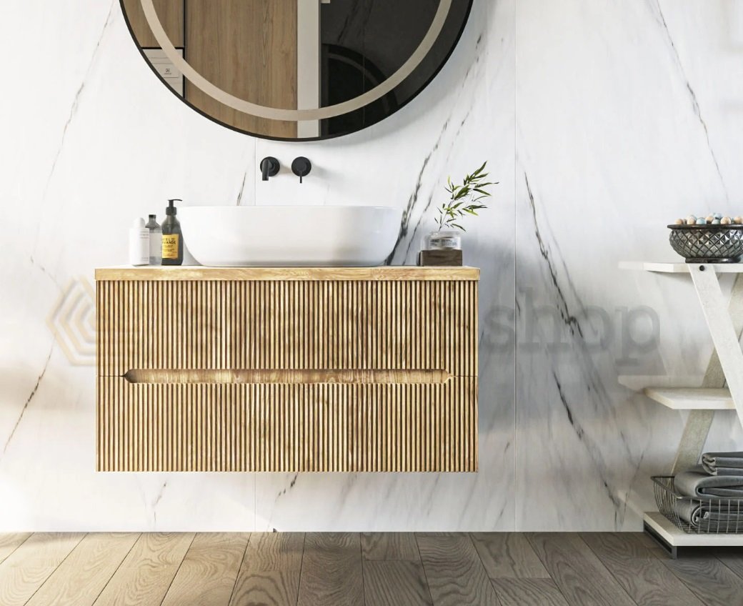 Mobile bagno teak 90x46 cannettato Urbino due cassetti con in mdf con lavabo e rubinetteria, vista frontale su sfondo...