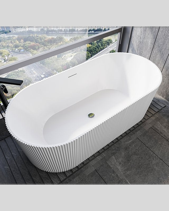 Vasca 170x80 Jeorgia freestanding in acrilico cannettato visto dall'alto con superficie e piletta di scarico - Exagonshop