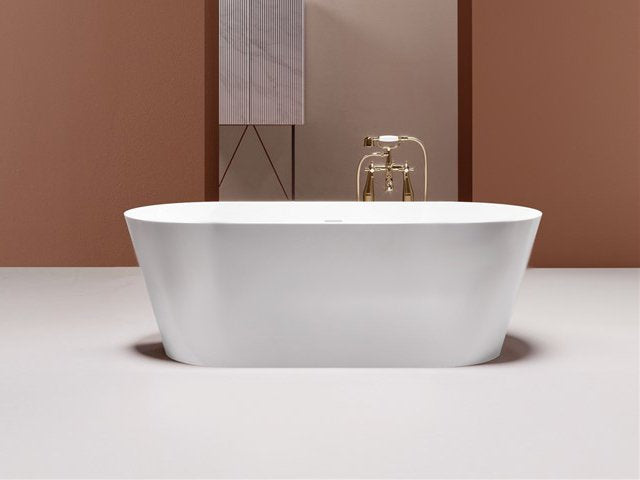 Treesse Inka Vasca 150x70 freestanding in solid surface in opaco visto dall'alto con superficie e piletta di scarico