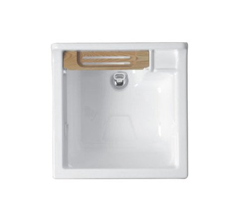Vasca lavapanni 50x50 in abs bianco lucido Colavene installato su lavello, vista della bocca e della leva