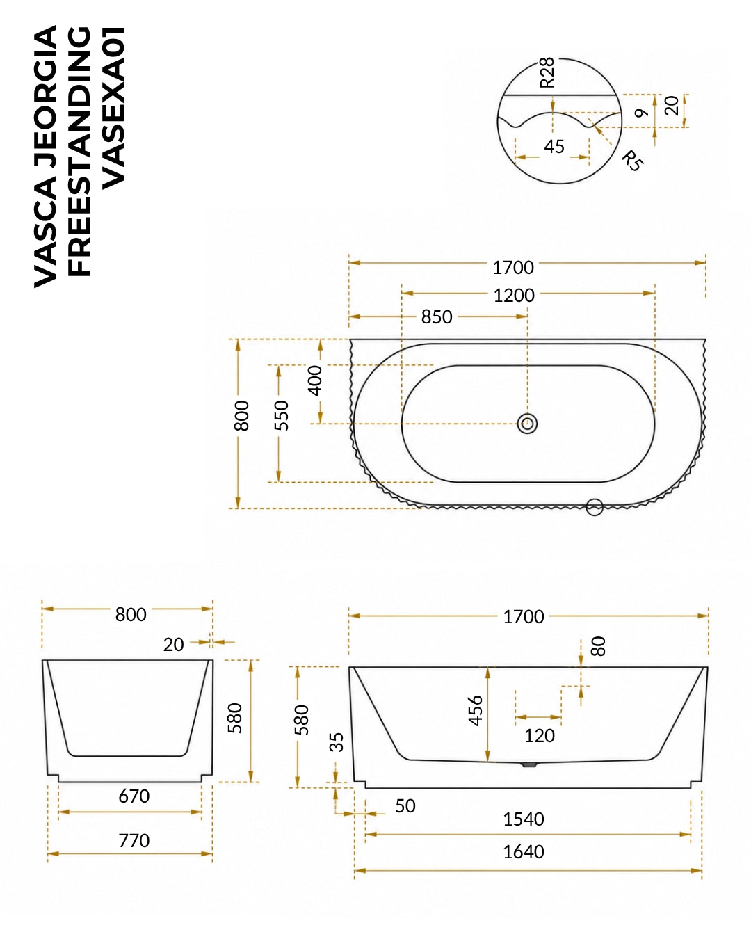 Vasca 170x80 Jeorgia a parete in acrilico cannettato bianco lucido