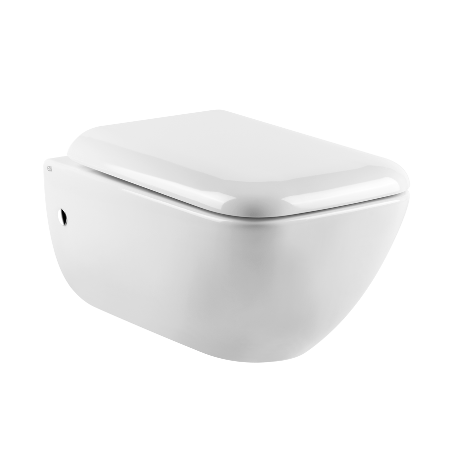 Vaso sospeso con sedile soft close in ceramica bianco Bianco Eu Lucido ambientato su piano bagno con accessori - Gessi