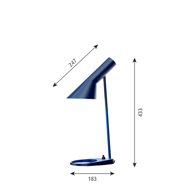 Louis Poulsen AJ Mini Table Lampada Da Tavolo Blu notte Midnight Blue, vista posteriore con attacco elettrico