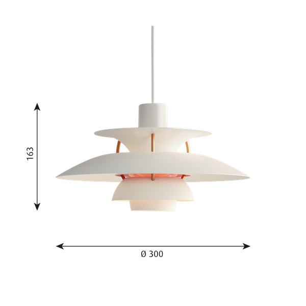 Louis Poulsen PH 5 Mini Lampada a Sospensione bianco moderno Modern White spenta, dettaglio del corpo lampada e dei materiali