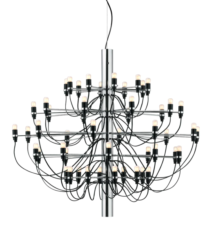 Flos 2097/50 Clear Bulbs Lampadario 100 cm bulbi in ottone accesa in ambiente, design e diffusione della luce