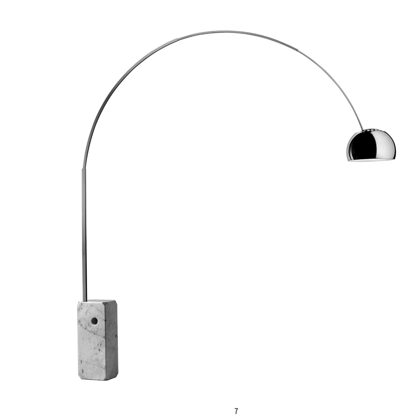 Flos Arco Lampada alogena a pavimento 240 cm in Marmo di Cromo Bianco spenta, dettaglio del corpo lampada e dei materiali