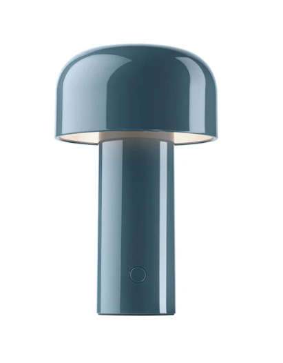 Flos Bellhop lampada da tavolo ricaricabile Grey Blu spenta, dettaglio del corpo lampada e dei materiali