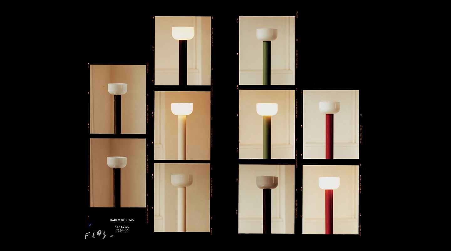 Flos Bellhop Floor Lampada a pavimento rosso mattone, particolare del diffusore luminoso