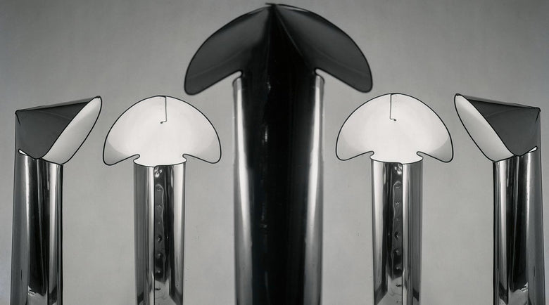 Flos Chiara Floor lampada a pavimento 145 cm in acciaio Stainless Steel spenta, dettaglio del corpo lampada e dei materiali