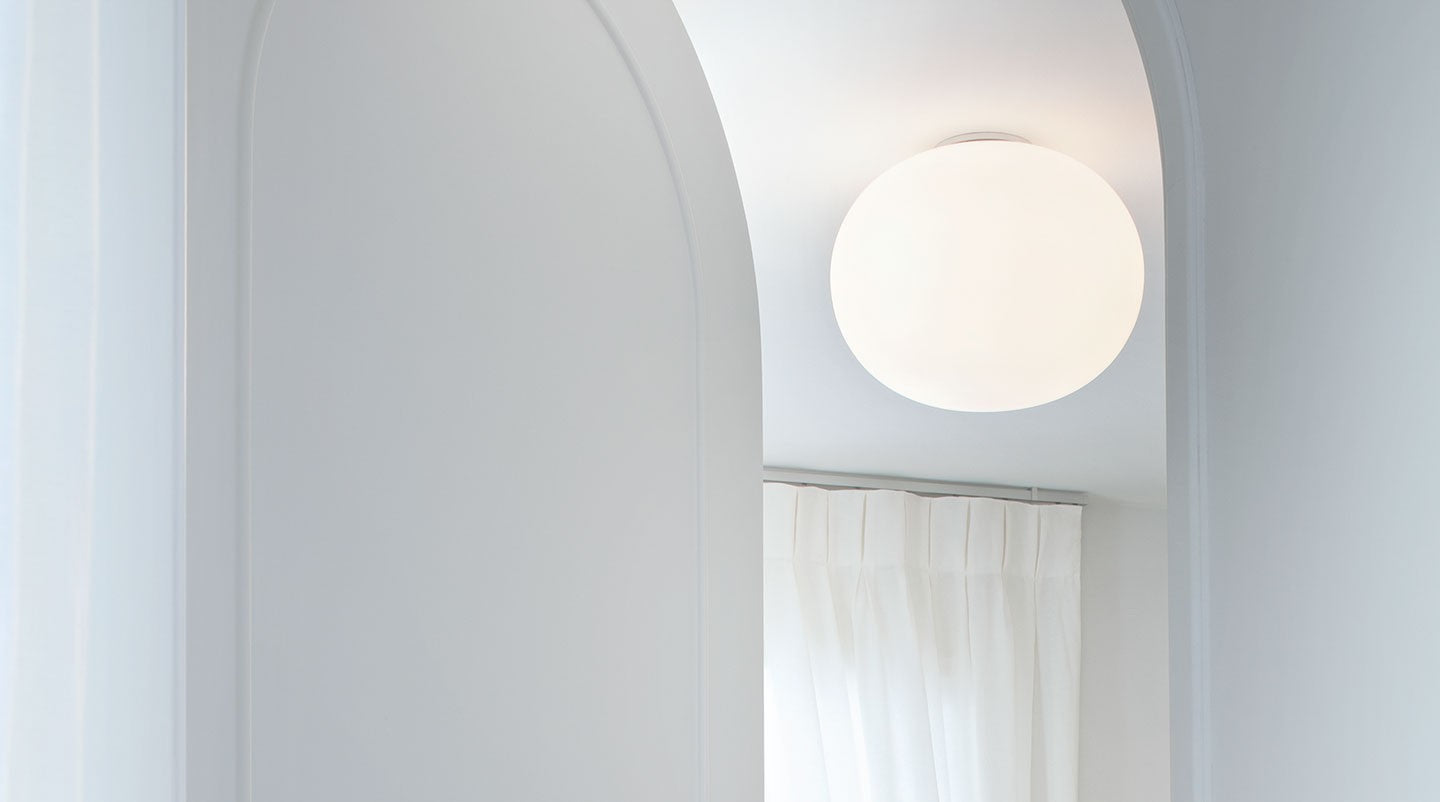 Flos Glo-Ball Ceiling 1 Lampada 33 cm parete soffitto bianco spenta, dettaglio del corpo lampada e dei materiali