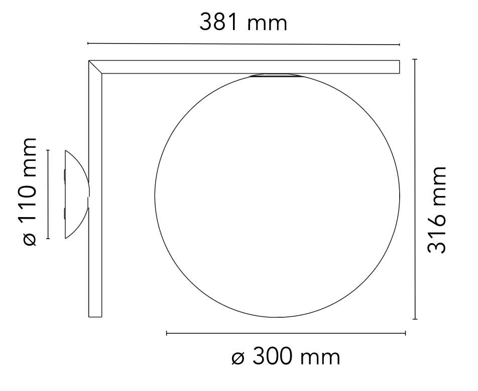 Flos IC Lights Ceiling/Wall 2 Lampada 30 cm parete soffitto spenta, dettaglio del corpo lampada e dei materiali
