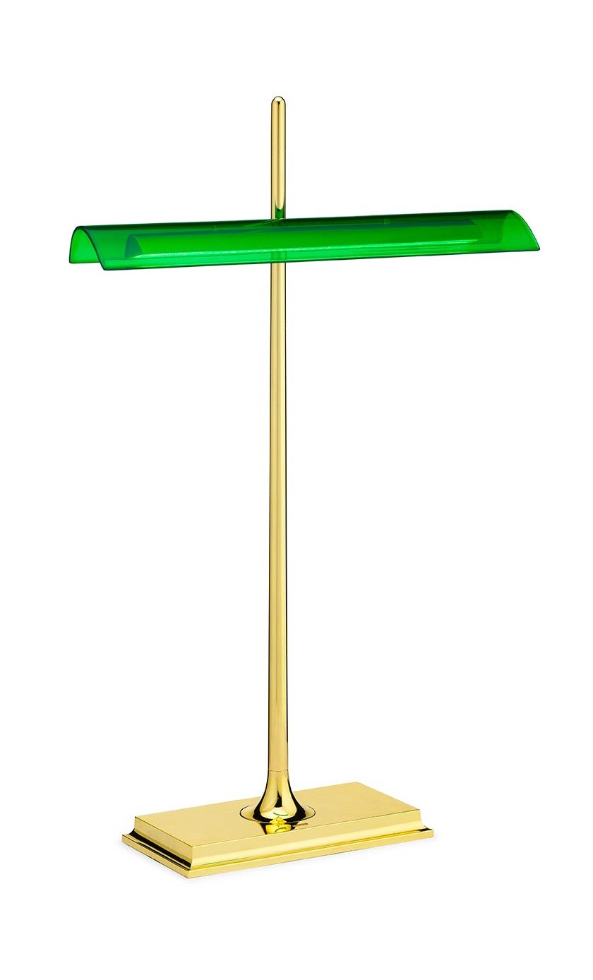 Flos Goldman Lampada Da scrivania Ottone verde con sensore spenta, dettaglio del corpo lampada e dei materiali