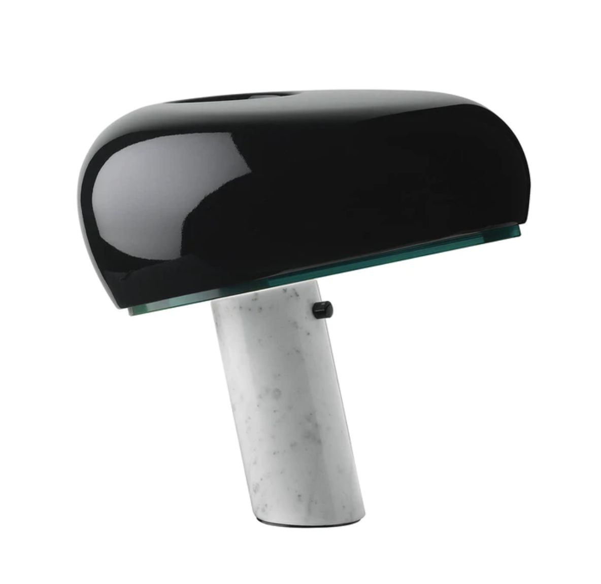 Flos Snoopy Lampada scrivania nero con Base In Marmo spenta, dettaglio del corpo lampada e dei materiali
