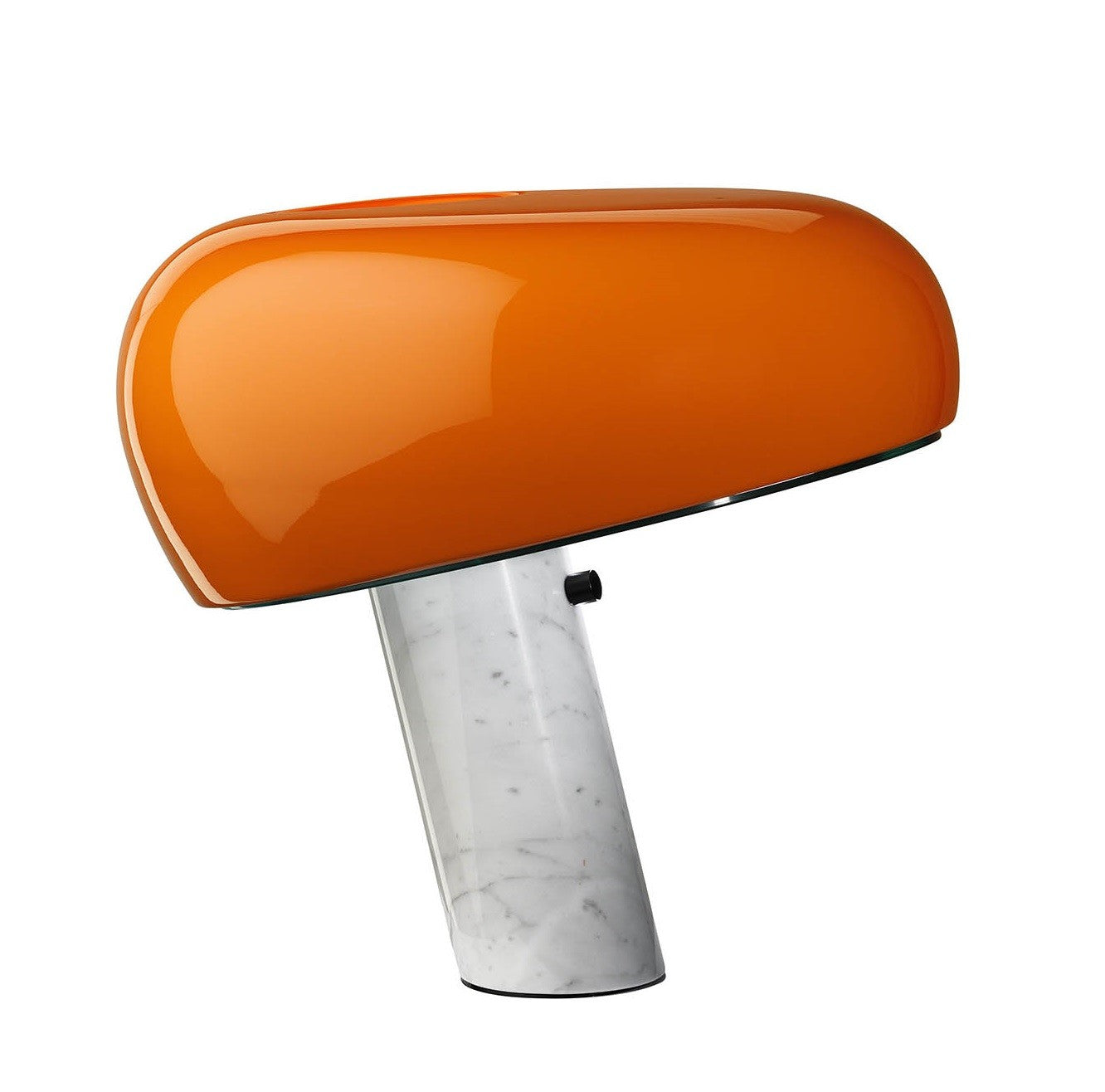 Flos Snoopy Lampada scrivania arancio con Base In Marmo spenta, dettaglio del corpo lampada e dei materiali