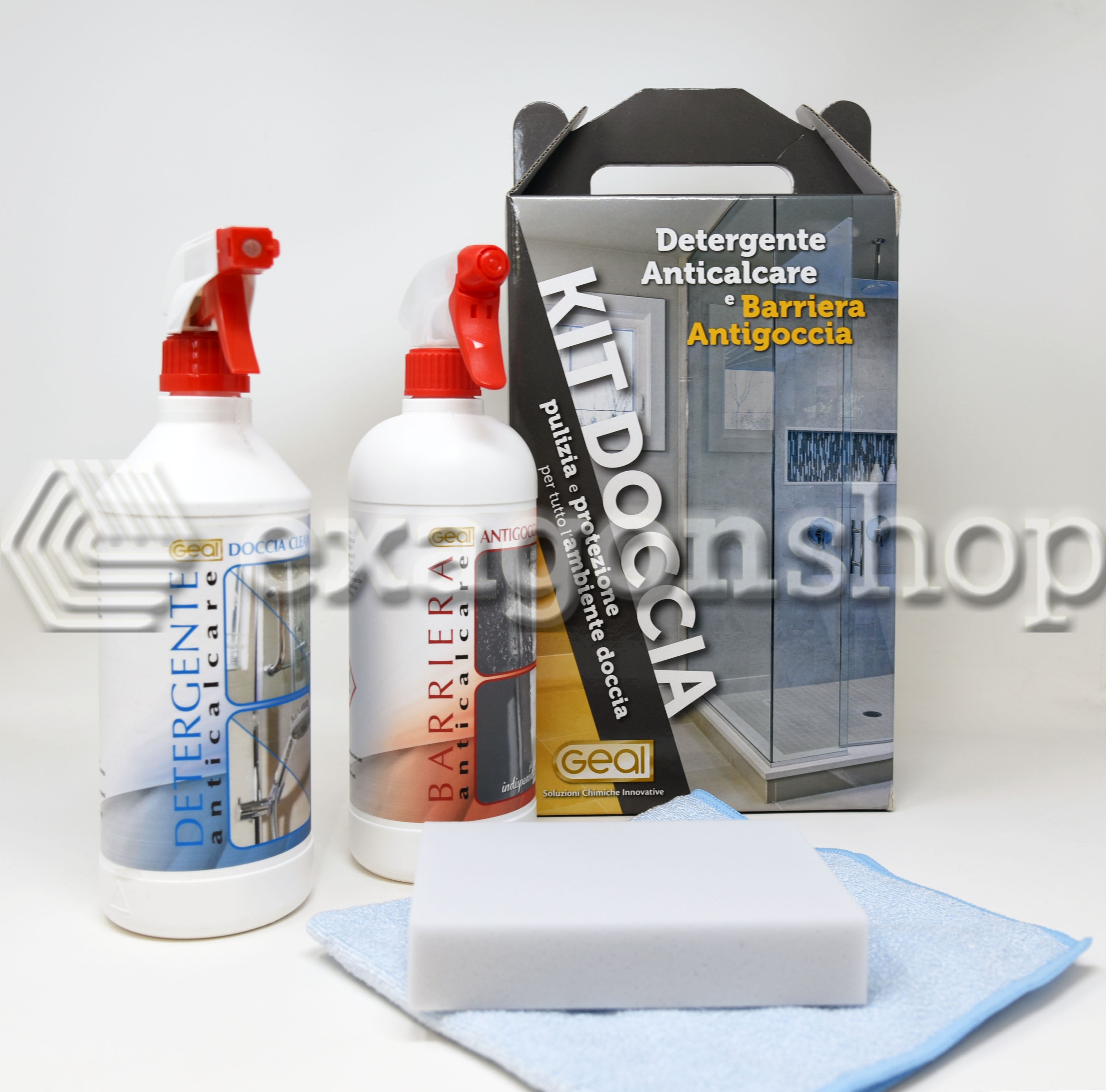 Kit Doccia Detergente Anticalcare E Barriera Antigoccia per, dettaglio ravvicinato del materiale e dell'aggancio - Geal