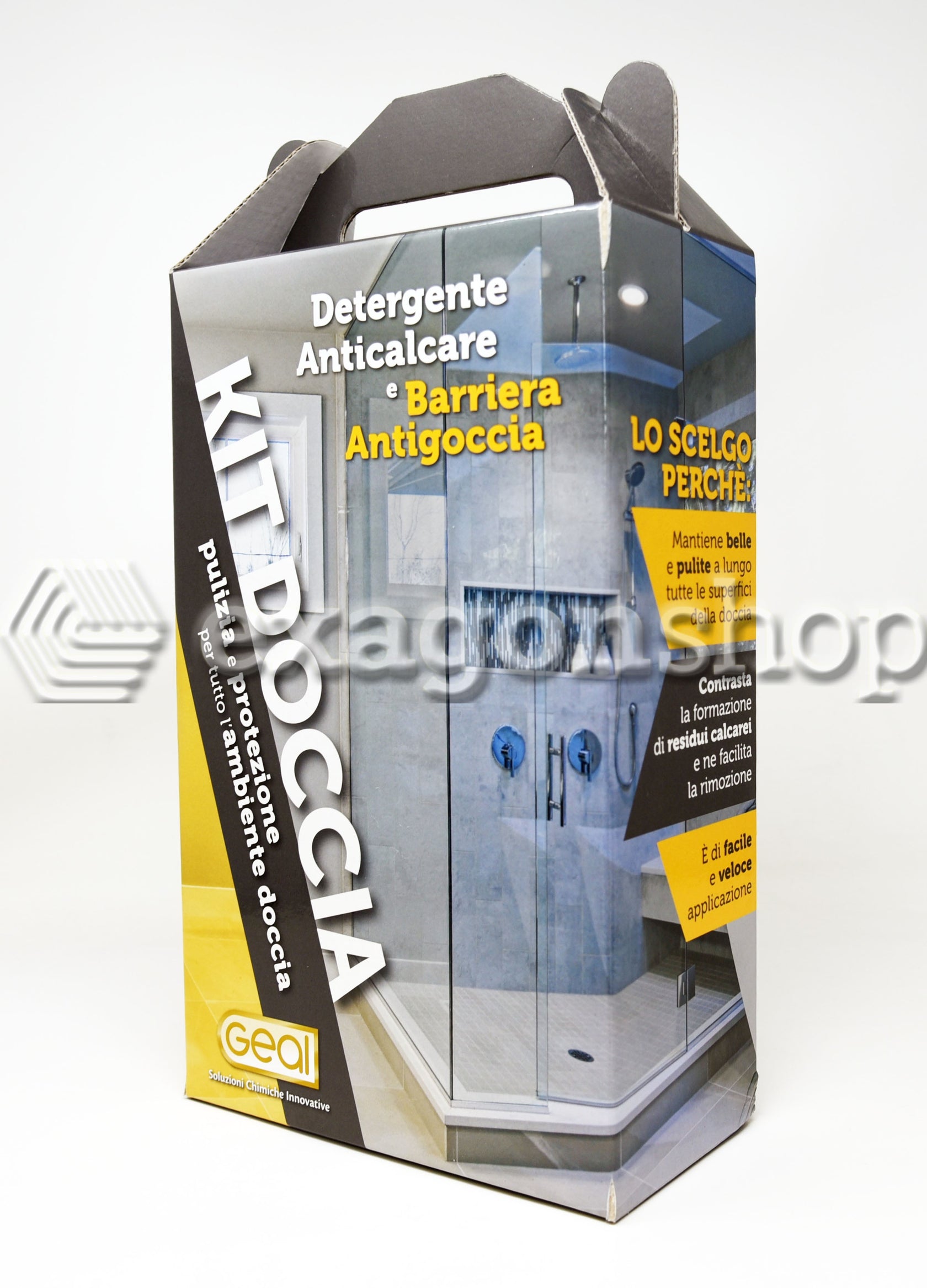 Kit Doccia Detergente Anticalcare E Barriera Antigoccia per, vista laterale del profilo a muro - Geal