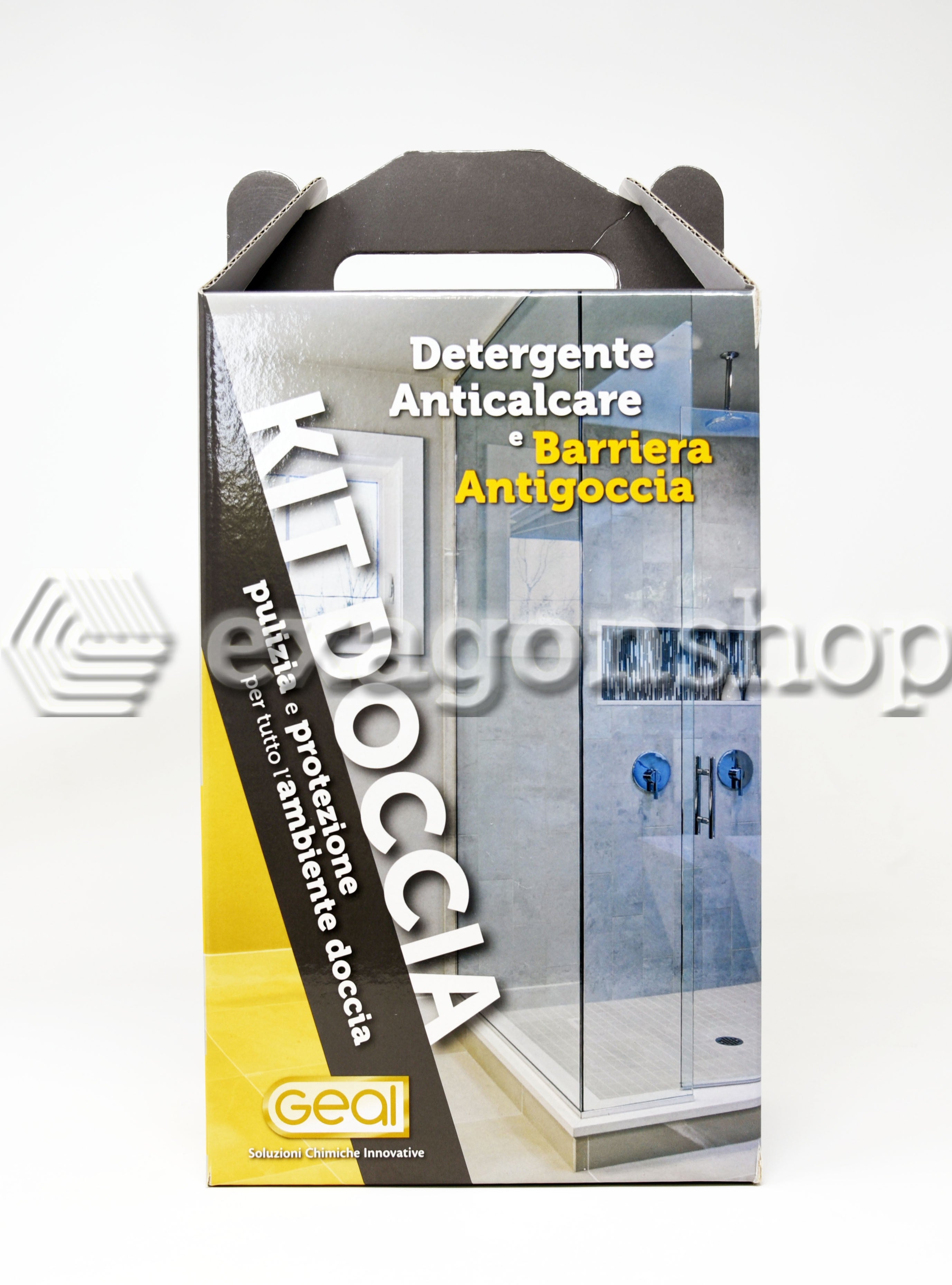 Kit Doccia Detergente Anticalcare E Barriera Antigoccia per, retro con sistema di fissaggio a parete - Geal
