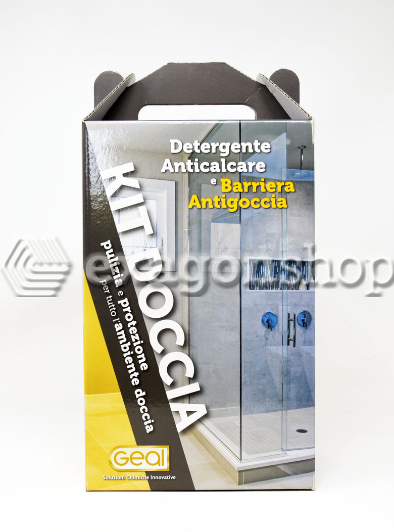 Kit Doccia Detergente Anticalcare E Barriera Antigoccia per, retro con sistema di fissaggio a parete - Geal