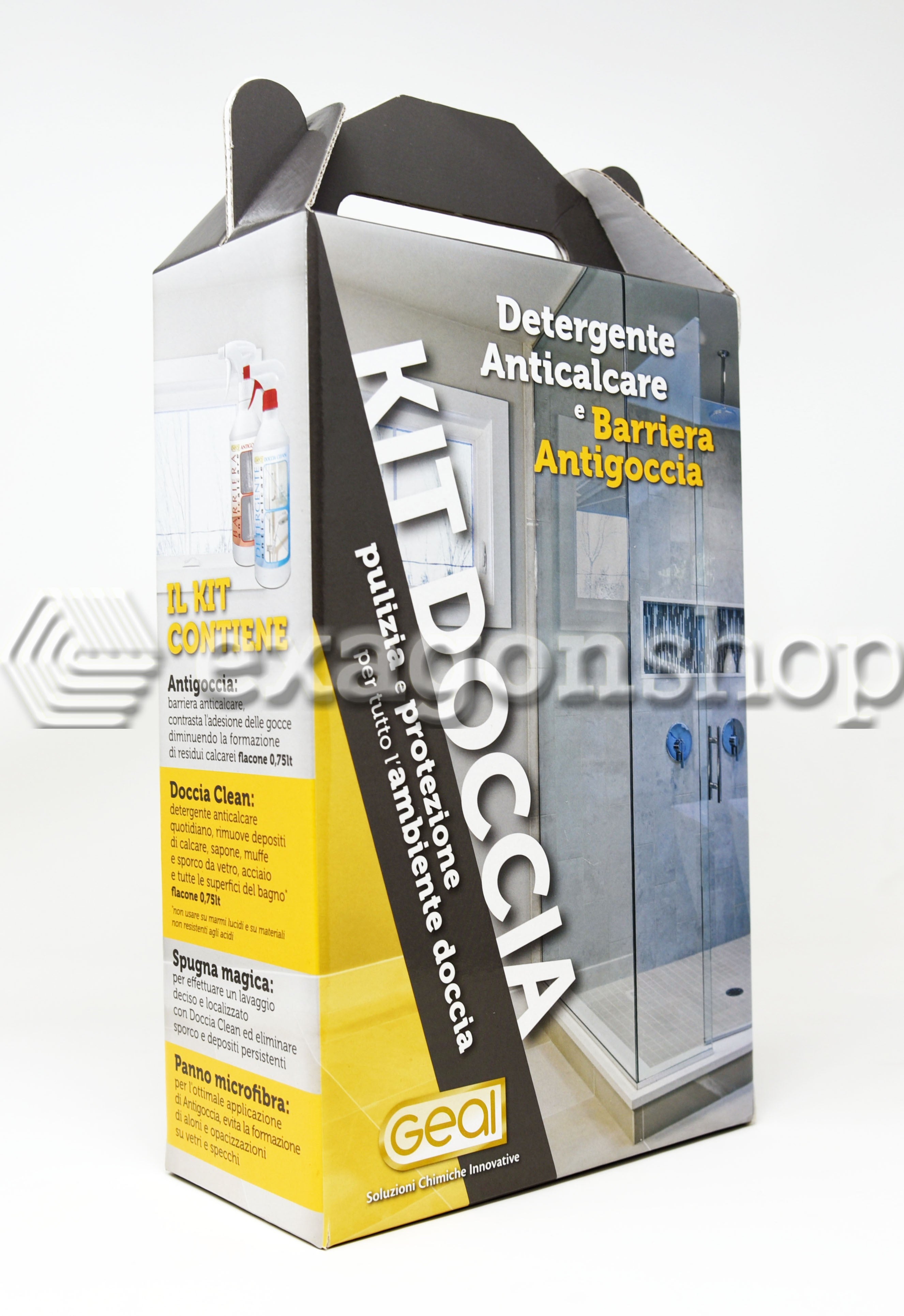Kit Doccia Detergente Anticalcare E Barriera Antigoccia per montato a parete, vista del design e della finitura - Geal