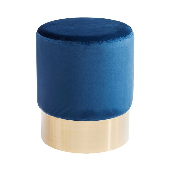 Cherry pouf 35 cm effetto velluto blu glamour con fascia, vista laterale della struttura e del profilo - Exagonshop