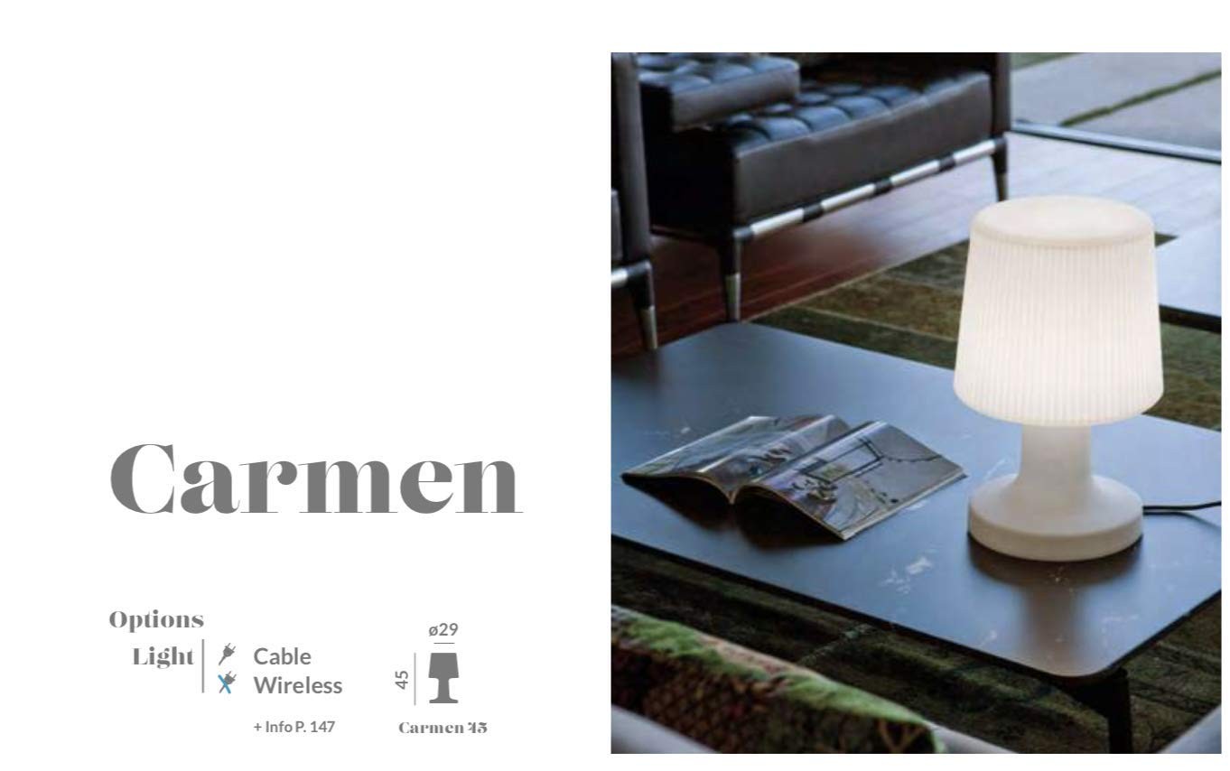 Carmen 45 Lampada ricaricabile esterno interno bianco spenta, dettaglio del corpo lampada e dei materiali - New Garden