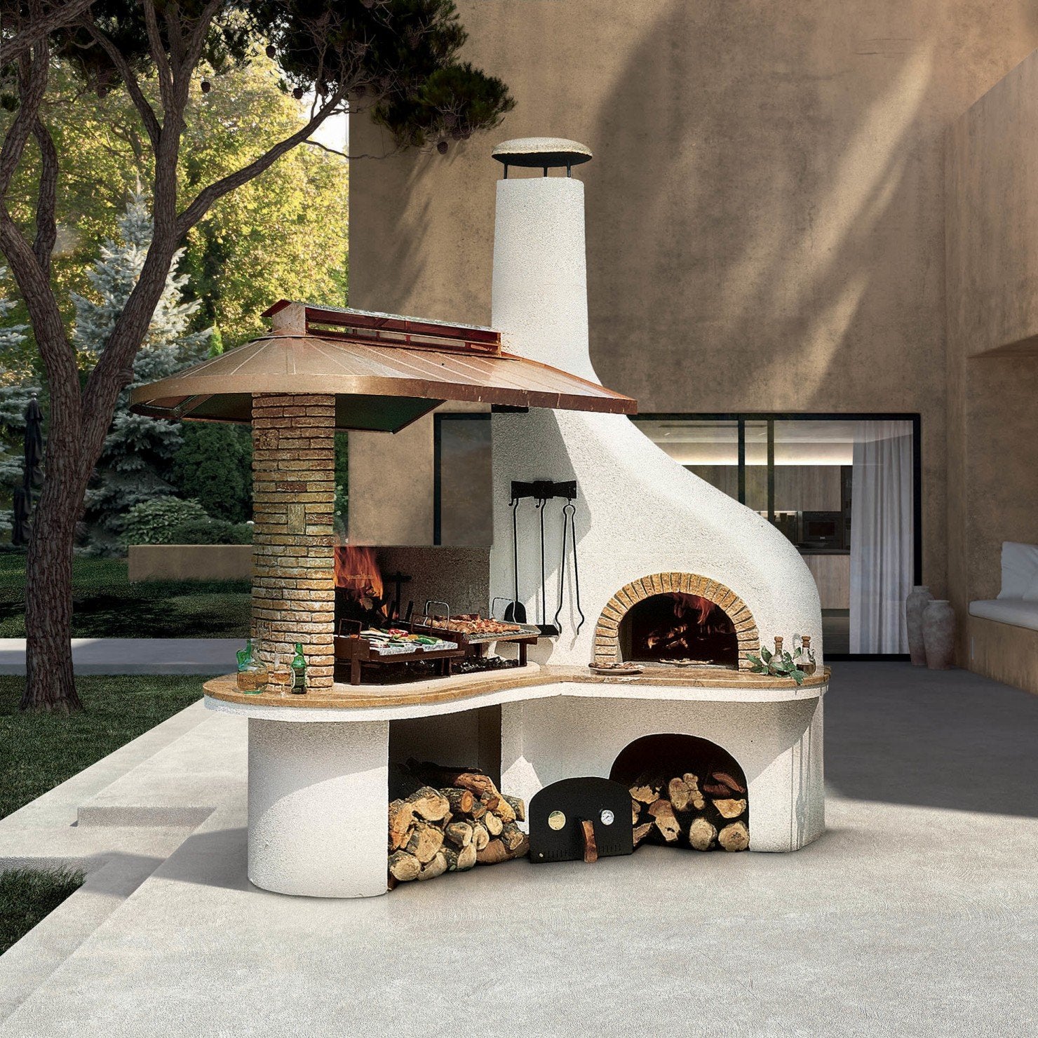 Palazzetti Vulcano Barbecue a legna con forno pizza cappa Giallo accesa in soggiorno, fiamma visibile attraverso il vetro