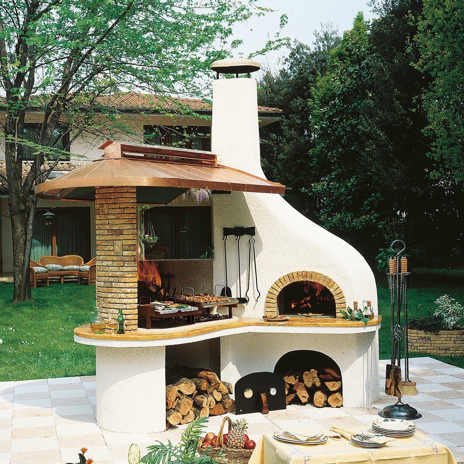 Palazzetti Vulcano Barbecue a legna con forno pizza cappa Giallo, vista laterale che mostra profilo e dimensioni