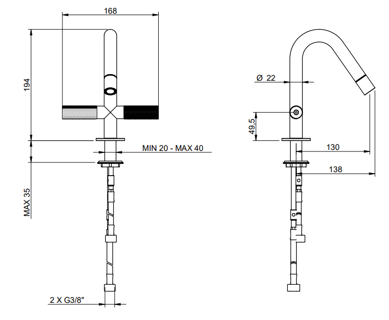 Disegno tecnico con quote di Treemme 22mm IT6024IS2GZZ miscelatore bidet monoforo inox Acciaio - Rubinetterie Treemme