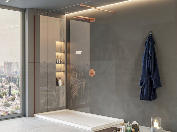 Walk in parete doccia fissa 120 cm H 200 spessore 8 mm in cristallo trasparente profili oro rosa Genio