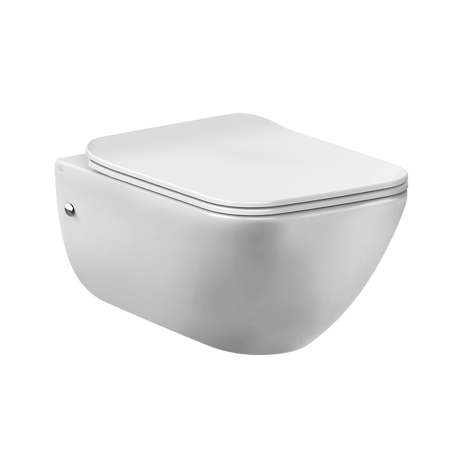 Wc sospeso senza brida 6 litri in ceramica con sedile slim Bianco Eu Lucido ambientato su piano bagno con accessori