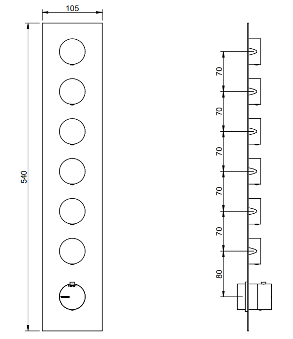 Disegno tecnico con quote di Treemme 3.6 RWIT2564IS35 miscelatore doccia termostatico a Acciaio - Rubinetterie Treemme