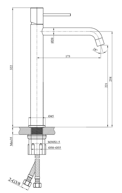 Rubinetto lavabo alto monocomando in ottone con flessibili cromo Hidden