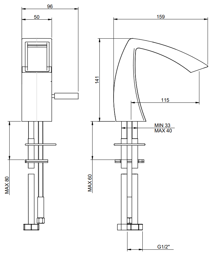 Treemme Arche miscelatore lavabo bidet a cascata e leva Cromo Lucido, vista laterale del profilo - Rubinetterie Treemme