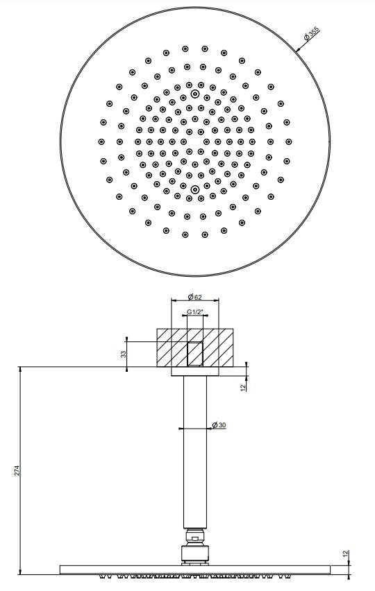 Soffione doccia 35 cm orientabile con braccio a soffitto, dettaglio ravvicinato della finitura e del marchio