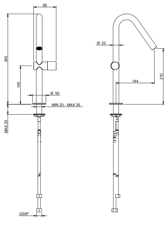 Treemme 22mm miscelatore lavabo alto monocomando canna ad Acciaio visto dall'alto con scarico e interno visibili...