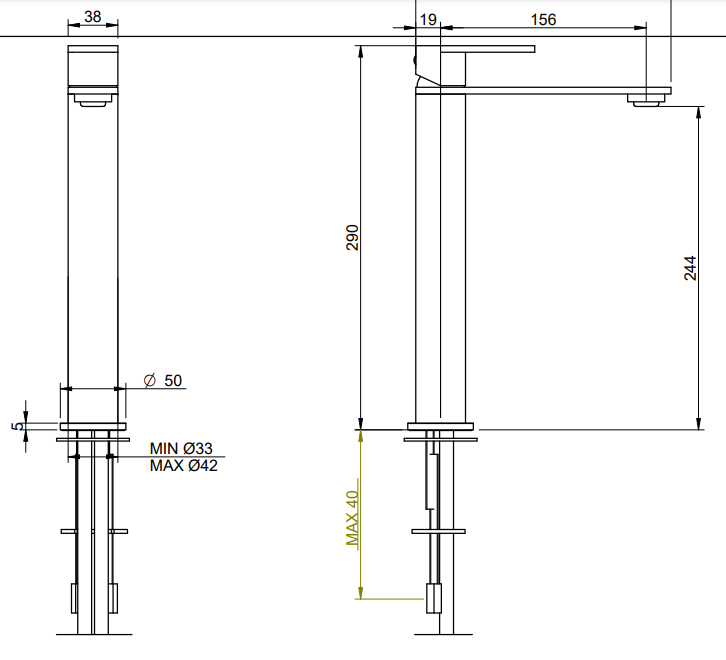 Treemme 3.6 IT9A18ISTSZZ miscelatore lavabo alto 246 mm Acciaio visto dall'alto con scarico e interno visibili...