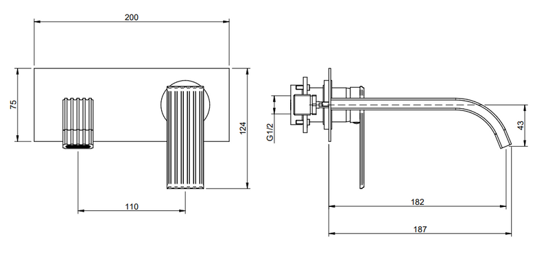 Treemme Los miscelatore lavabo incasso 182 mm senza parte Cromo Lucido visto dall'alto con scarico e interno visibili...