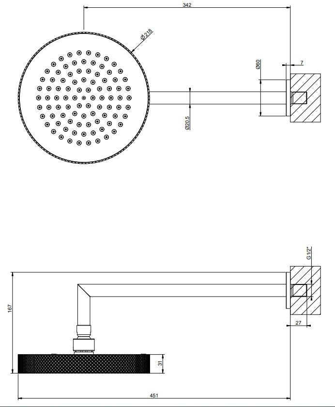 Gessi Anello Soffione doccia 21 cm tondo con braccio a, dettaglio ravvicinato della finitura e del marchio