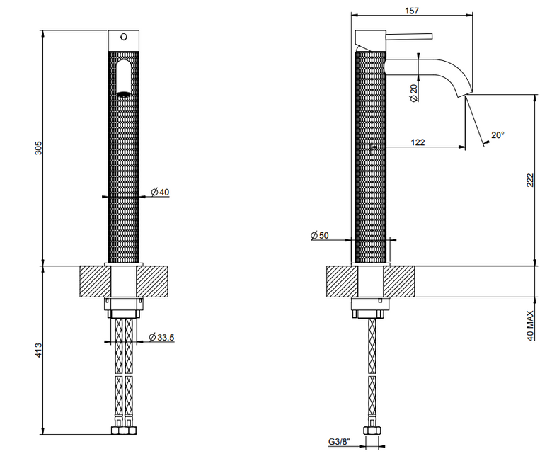 Miscelatore lavabo alto per ciotola senza scarico Steel, vista frontale su sfondo bianco